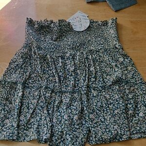 Pink Rose Floral Smocked Skirt - Green and White